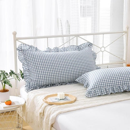 2 Pack Dust Blue White Plaid Gingham Ruffle Pillow Shams Standard Size - Image 3