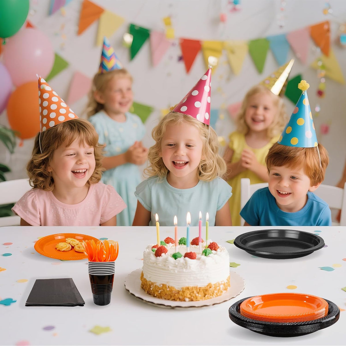 LUODA MirthMood 350PCS black and orange Plastic Plates,Black Disposable Plates –Plastic Plates Set Includes 50 Dinner,50 Dessert Plate,50 Cup&50 Napkins, 50 orange Silverware for Parties&Halloween