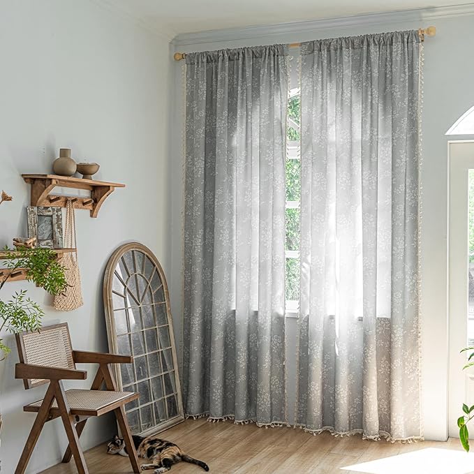 ENJOYBRIDAL Floral Curtains 96 Inches Long Grey Light Filtering Drapes Rod - Image 2