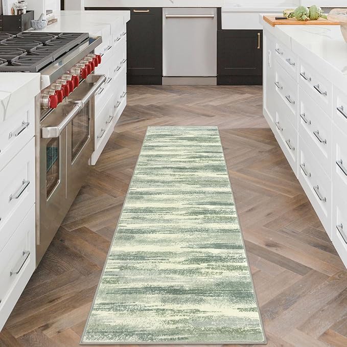 Modern Abstract Runner Rug 2x6, Sage Green Grey Washable Entryway Runner - Image 2