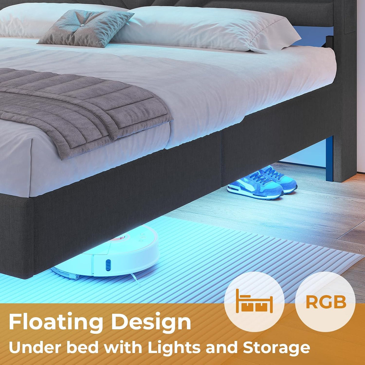 hauoms led floating bed frame full size with, front angle view