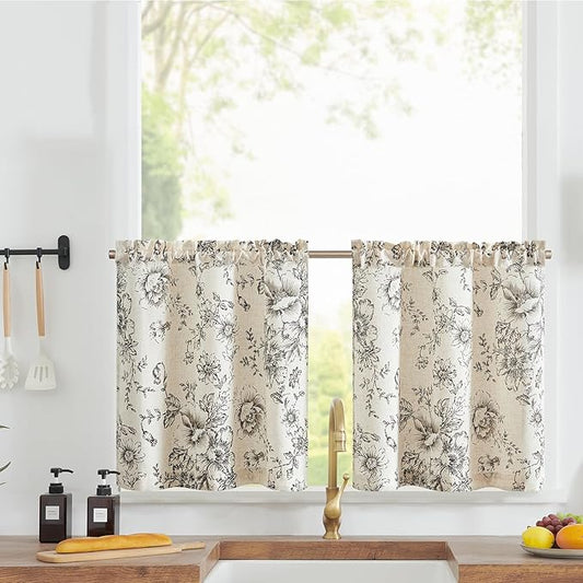 jinchan Floral Linen Tier Curtains 24 Inch Farmhouse Botanic Cafe Drapes by JINCHAN