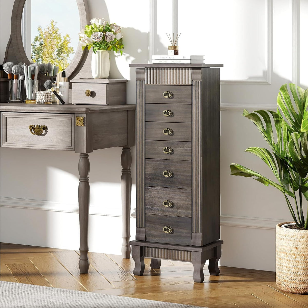 giantex standing jewelry cabinet, 7 drawers, flip mirror shown in use