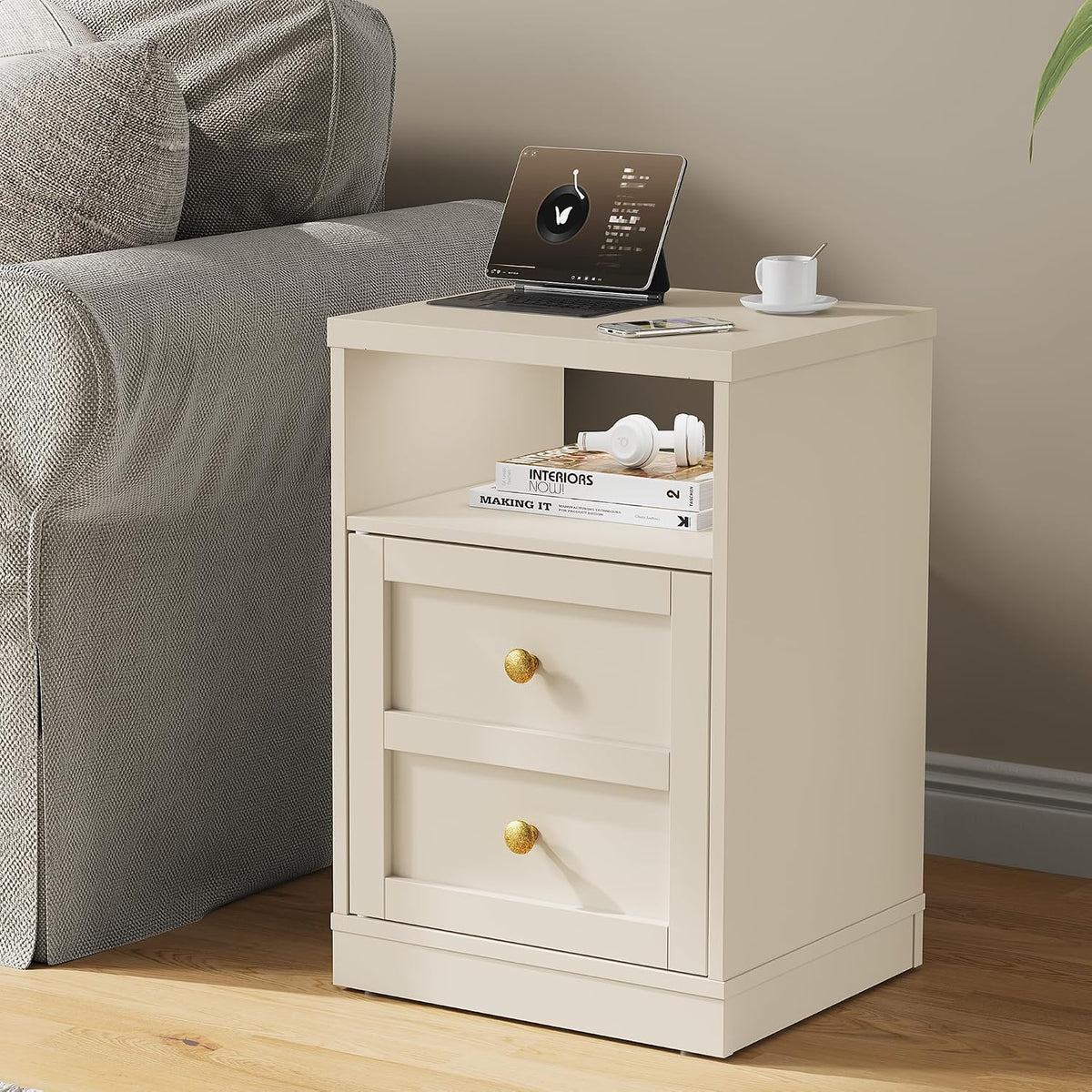 royalcraft beige nightstand with storage shelf and door, side view