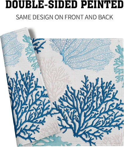 Giwawa Ocean Coral Placemats Set of 4 Summer Blue White Coral Reef Linen Table - Image 5