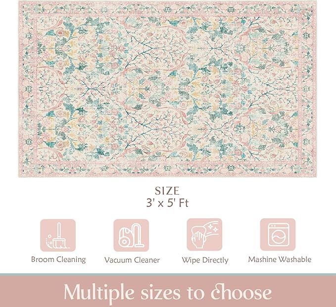 MUJOO 3x5 Pink Rug Washable, Floral Area Rug - Image 2