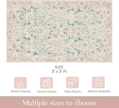 MUJOO 3x5 Pink Rug Washable, Floral Area Rug - Image 2