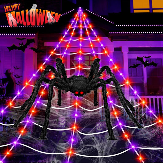 Halloween Giant Spider Web Lights Decorations Outdoor, 16.4Ft 200 LED Lighted Spider Web Light up with 8 Modes for Yard House Decor