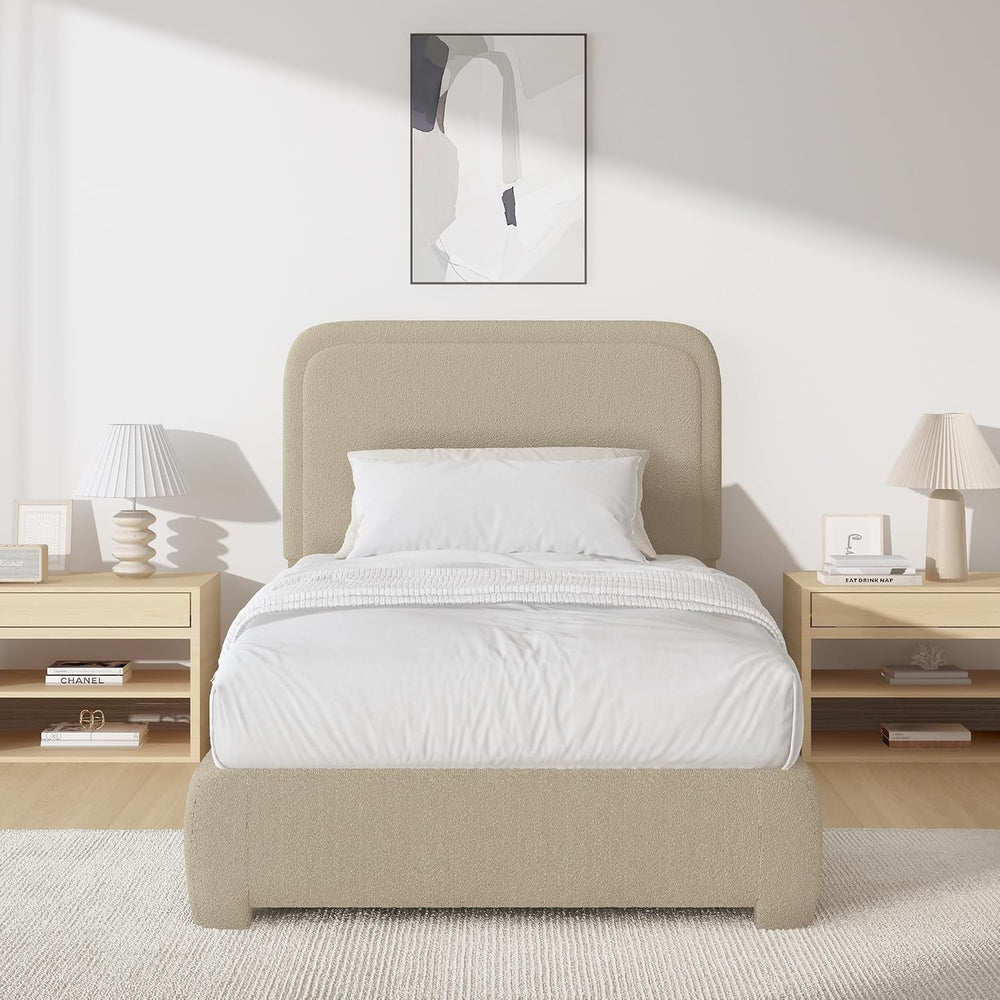 BarnFurin Twin Bed Frame, Cloud Boucle Headboard, Rounded Corners, Beige