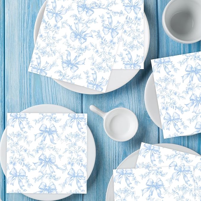 50 Pcs Blue Bow Napkins Coquette Party Supplies Pink Floral Disposable Cocktail - Image 7