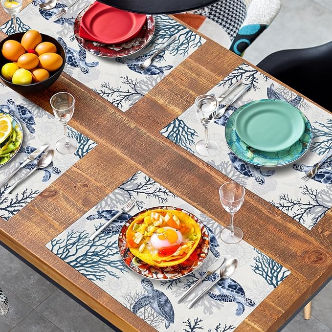Coastal Beach Placemats Set of 4 Nautical Theme Coral Sea Turtle Navy Blue - Image 7