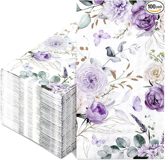 100Pcs Floral Guest Napkins Watercolor Purple Flower Butterfly Disposable by Unknown