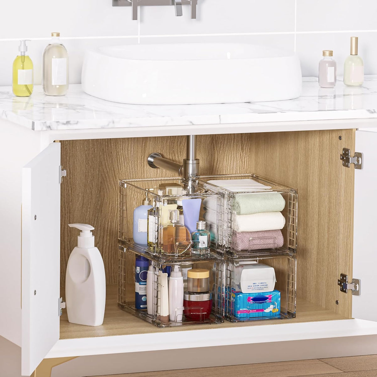 vtopmart 4 pack large stackable storage drawers, clear shown in use