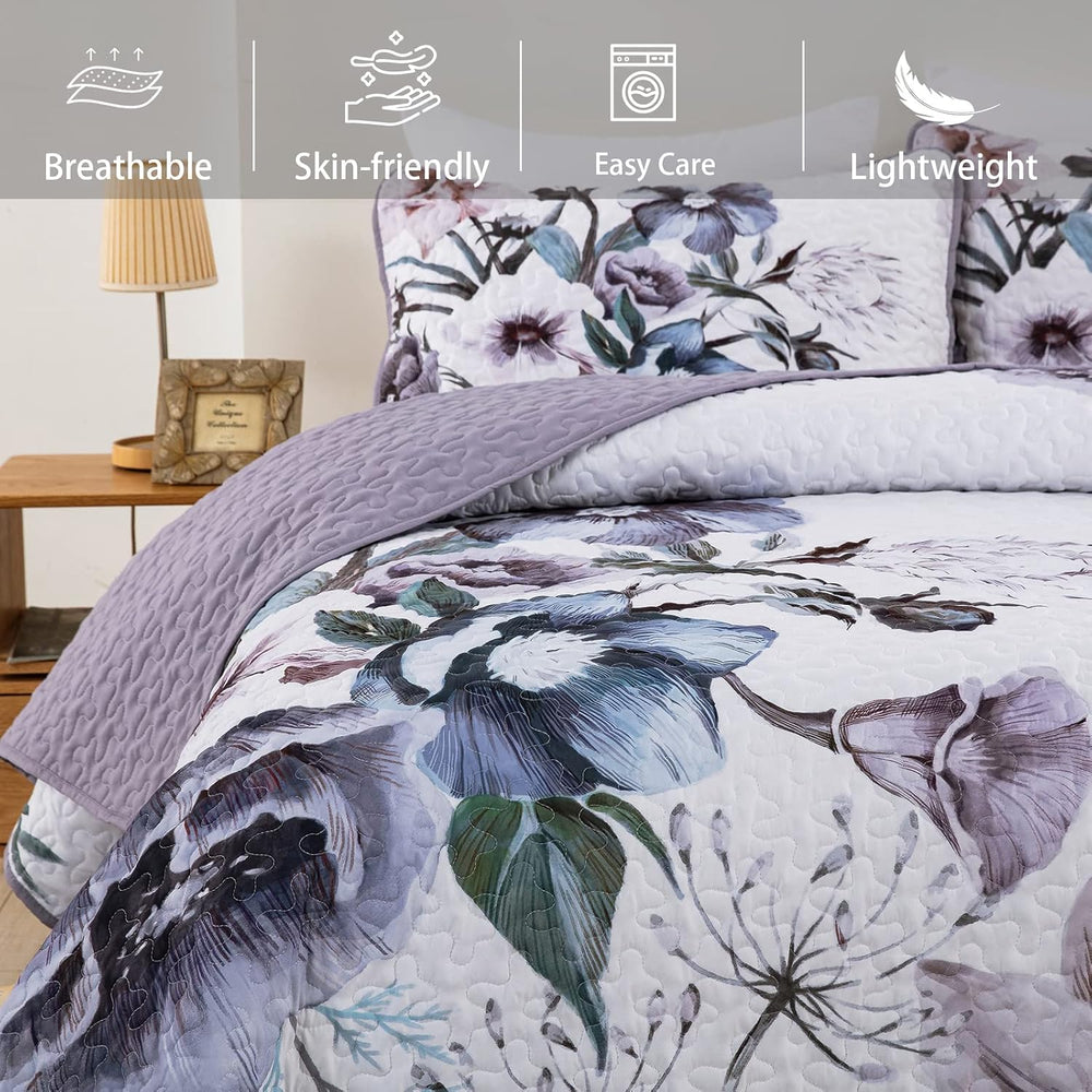 Drucon Purple Floral Quilt Set King 3 PCs Purple Botanical Flower Quilt Set