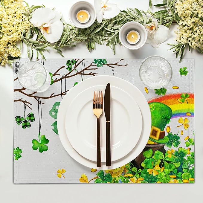 Giwawa St Patricks Day Placemats Set of 4-12"x18" Lucky Clover Tree Elf Hat - Image 3