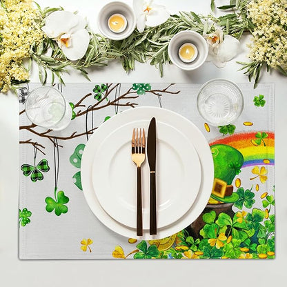 Giwawa St Patricks Day Placemats Set of 4-12"x18" Lucky Clover Tree Elf Hat - Image 3