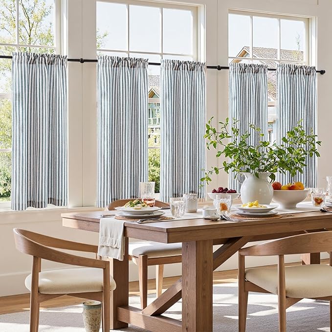 jinchan Striped Linen Kitchen Curtains 45 Inches Length Tier Curtains Farmhouse - Image 3