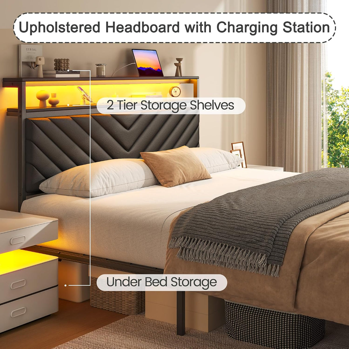 fluest queen bed frame with 2 drawers, upholstered, close-up detail