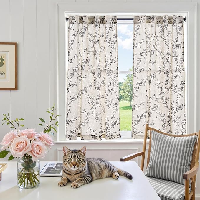 jinchan Floral Kitchen Curtains 45 Inch Linen Tier Curtains Farmhouse Cafe Half - Image 6