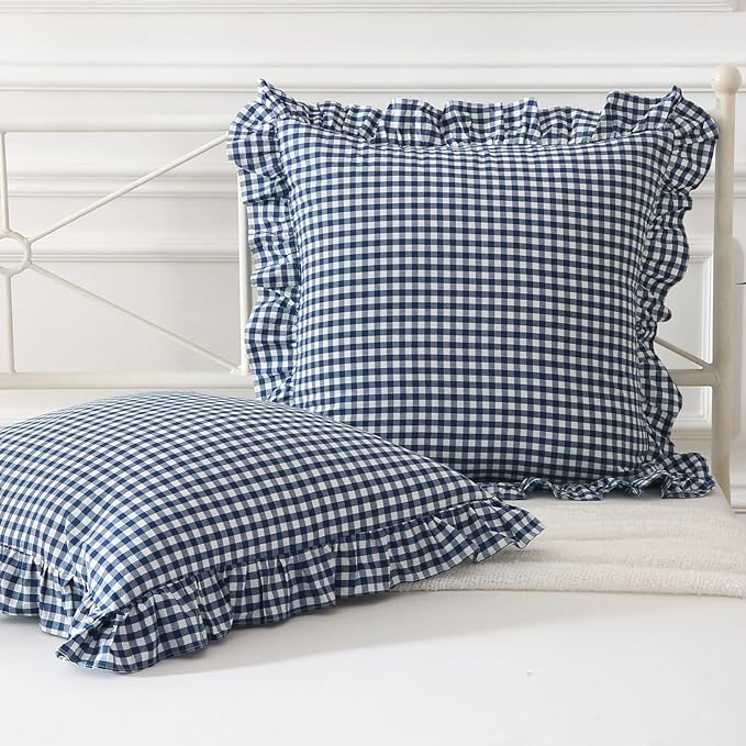 Navy Blue Plaid Ruffle Throw Pillow Covers 20"x20", 2 Pack Vintage Checkered by Mywinlle