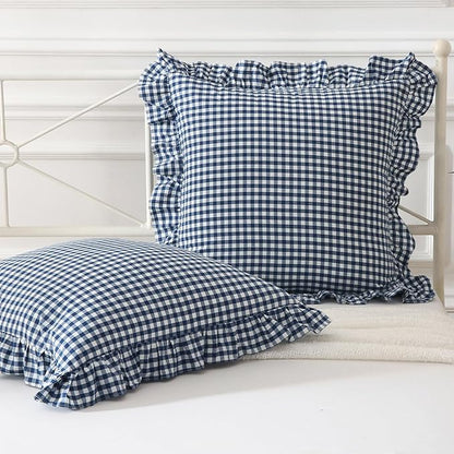 Navy Blue Plaid Ruffle Throw Pillow Covers 20"x20", 2 Pack Vintage Checkered by Mywinlle