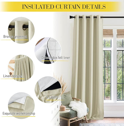NICETOWN Dust Isolate Sound Barrier 100% Blackout Beige Faux Linen Curtains 84" - Image 6