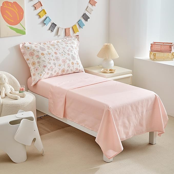 DuShow Floral 4 Piece Girls Toddler Bed Comforter Set Pink Flower Reversible - Image 4