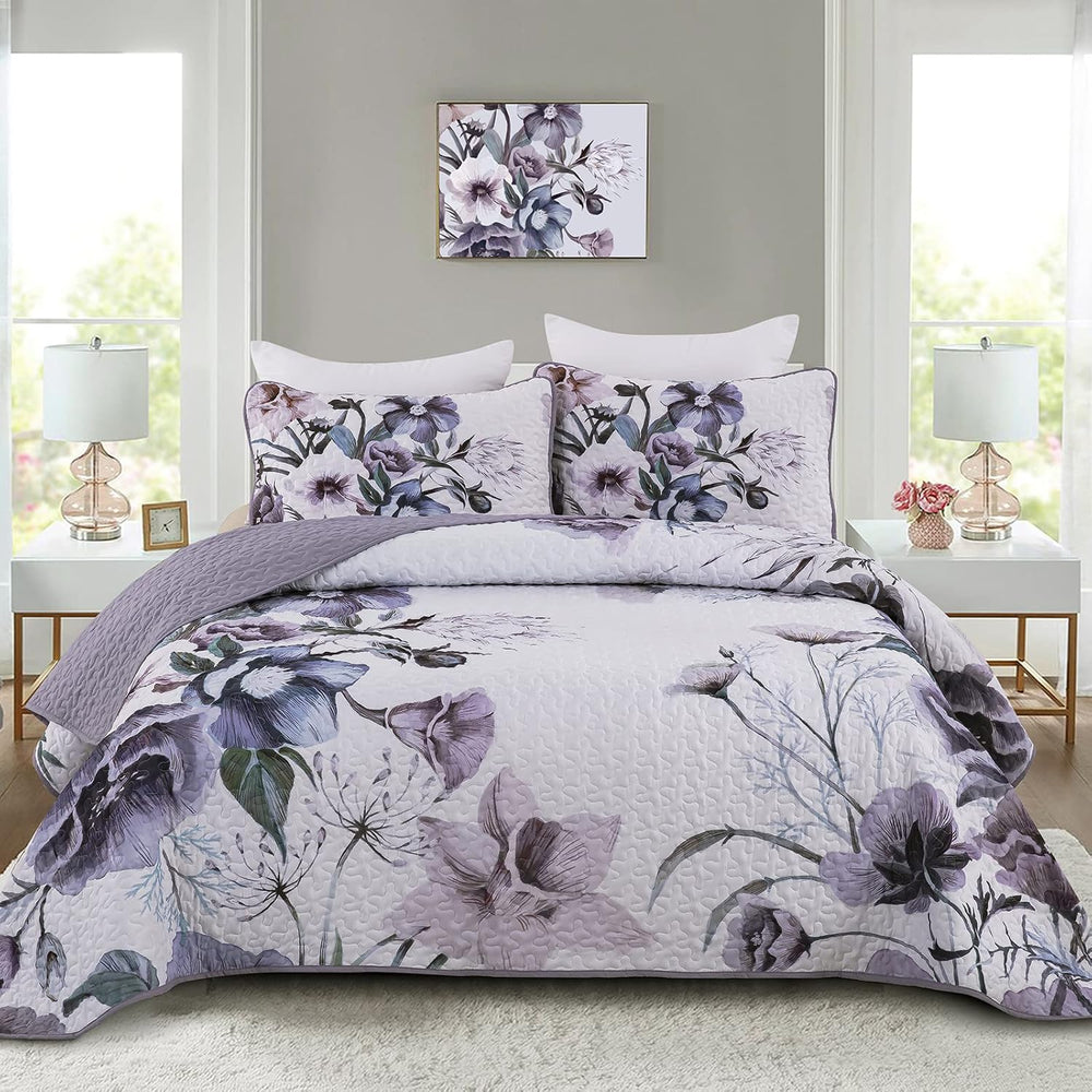Drucon Purple Floral Quilt Set King 3 PCs Purple Botanical Flower Quilt Set