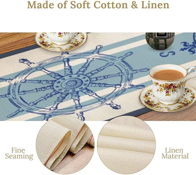 Nautical Compass Table Runner Vintage Navy Blue Striped Coastal Compass Spring - Image 5