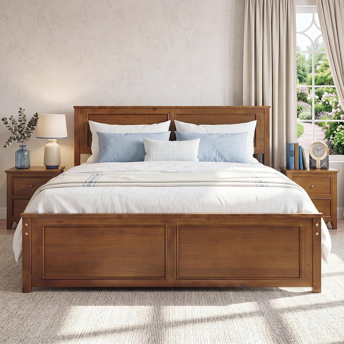 komfott queen size bed frame, farmhouse wooden platform, view 9