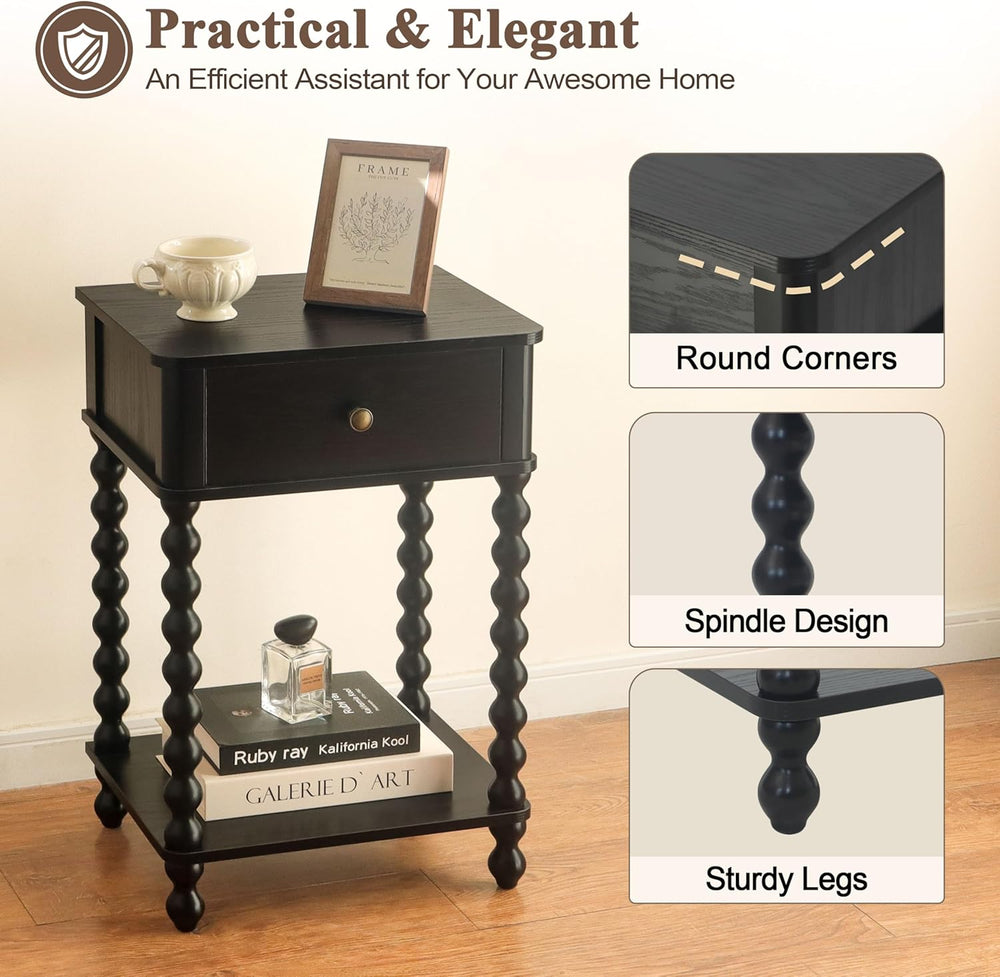 AWASEN Black Nightstand, Bedroom Side Table with Drawer for Living Room, Smal...