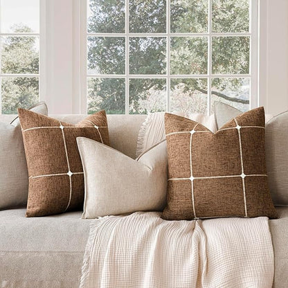 Foindtower Pack of 2 Decorative Faux Linen Jacquard Check Throw Pillow Covers - Image 7