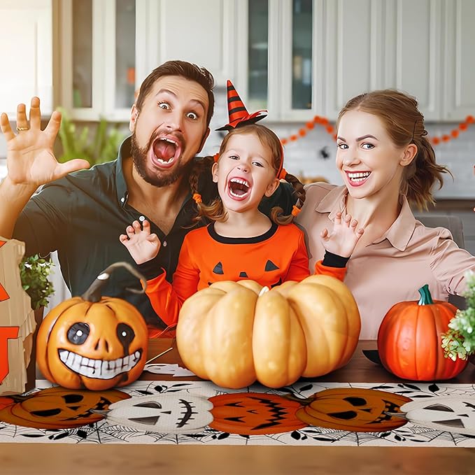 Happy Halloween Table Runner Pumpkin White Spider Web Fall Kitchen Dining Table - Image 4