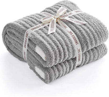 Snuggle Sac Fluffy Ribbed Grey Blanket Twin Size, Soft Luxurious Knit Fuzzy - Image 2