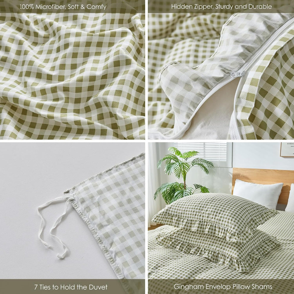 Gingham Duvet Cover Queen Size, 3 Pieces Soft Breathable Microfiber Plaid Duv...