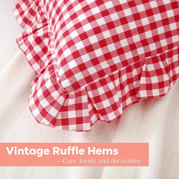 2 Pack Red White Plaid Ruffle Gingham Euro Pillow Sham Coverss, 100% Washed - Image 5