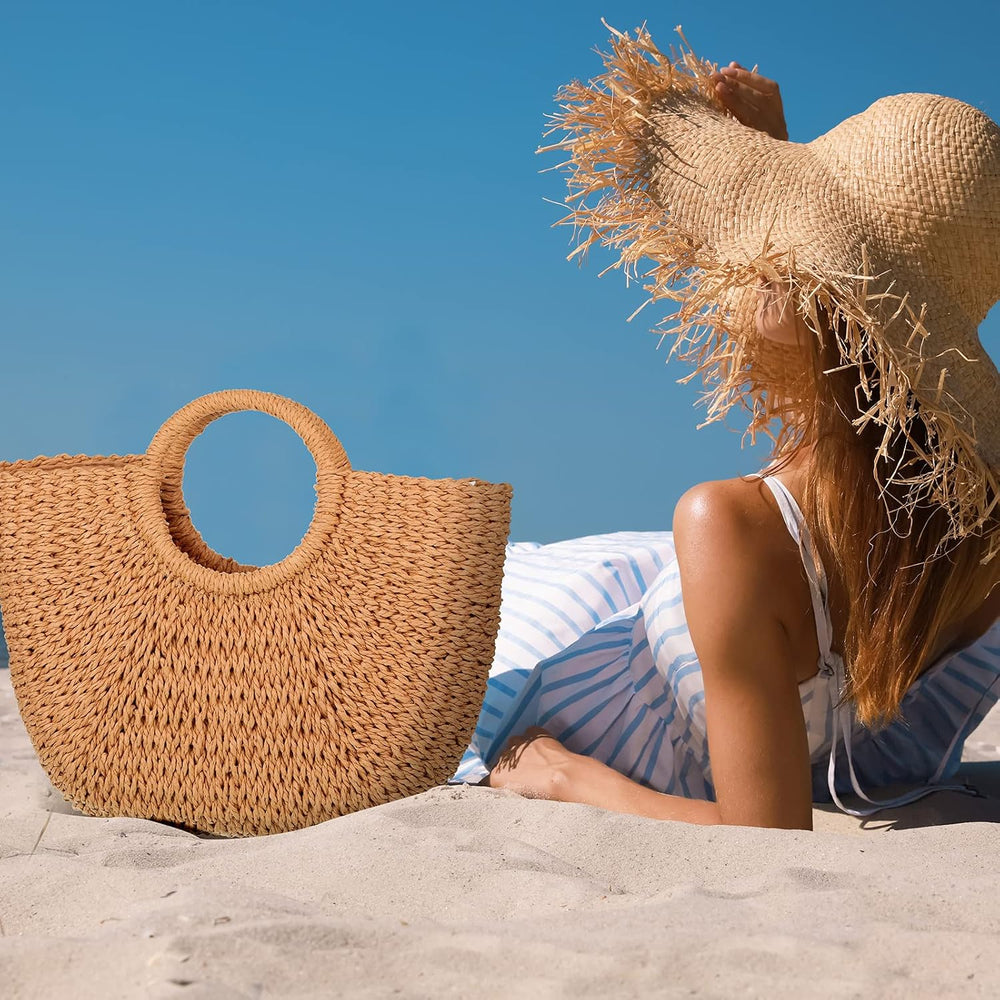 Frienda Straw Tote Bag Summer Beach Bag Handmade Straw Rattan Woven Handbag f...