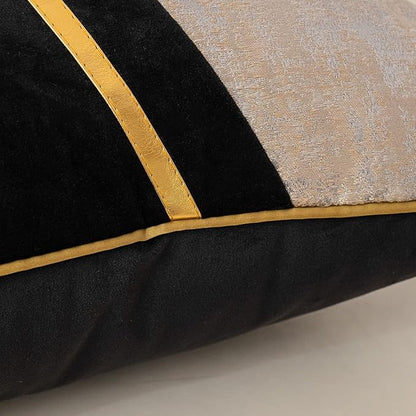 Alerfa 18 x 18 Inch Black Beige Gold Leather Patchwork Velvet & Polyester - Image 8