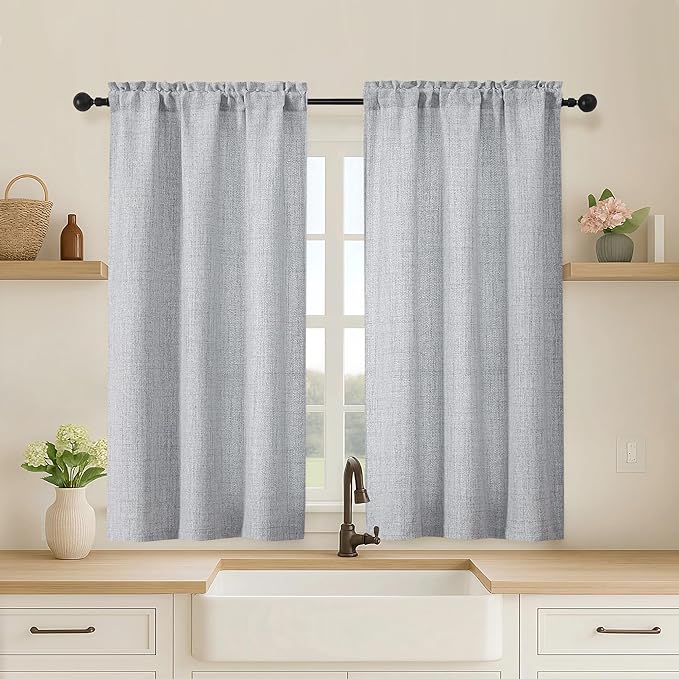 OVZME Grey Cafe Curtains 45 Inch Length 2 Panels, Thick Textured Kitchen Door by OVZME