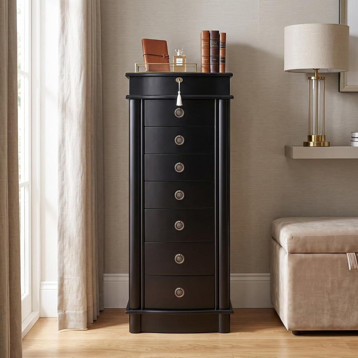 hives and honey noel standing jewelry armoire cabinet shown in use