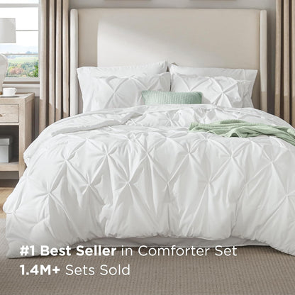 bedsure 7-piece white comforter & sheet set, queen, close-up detail