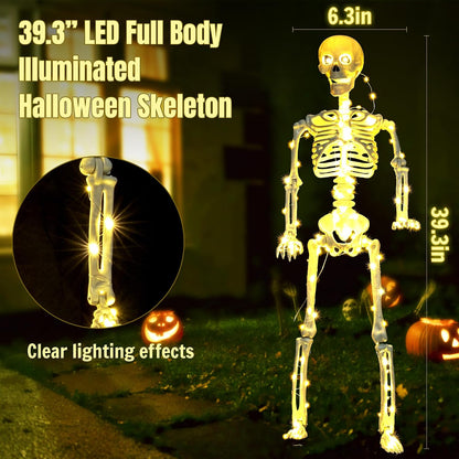 2 Pack 40 Inches Plug Operated 400 LED Light Up Halloween Skeleton Full Body Posable Movable Jonints for Halloween Decoration Décor
