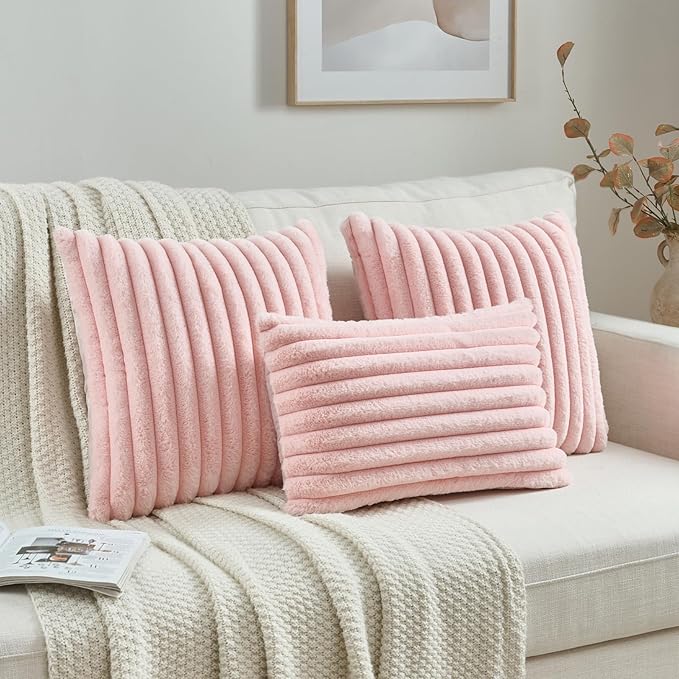 FUTEI Pink Throw Pillow Covers Set of 2, 12x20 Inch Striped Texture Lumbar - Image 4