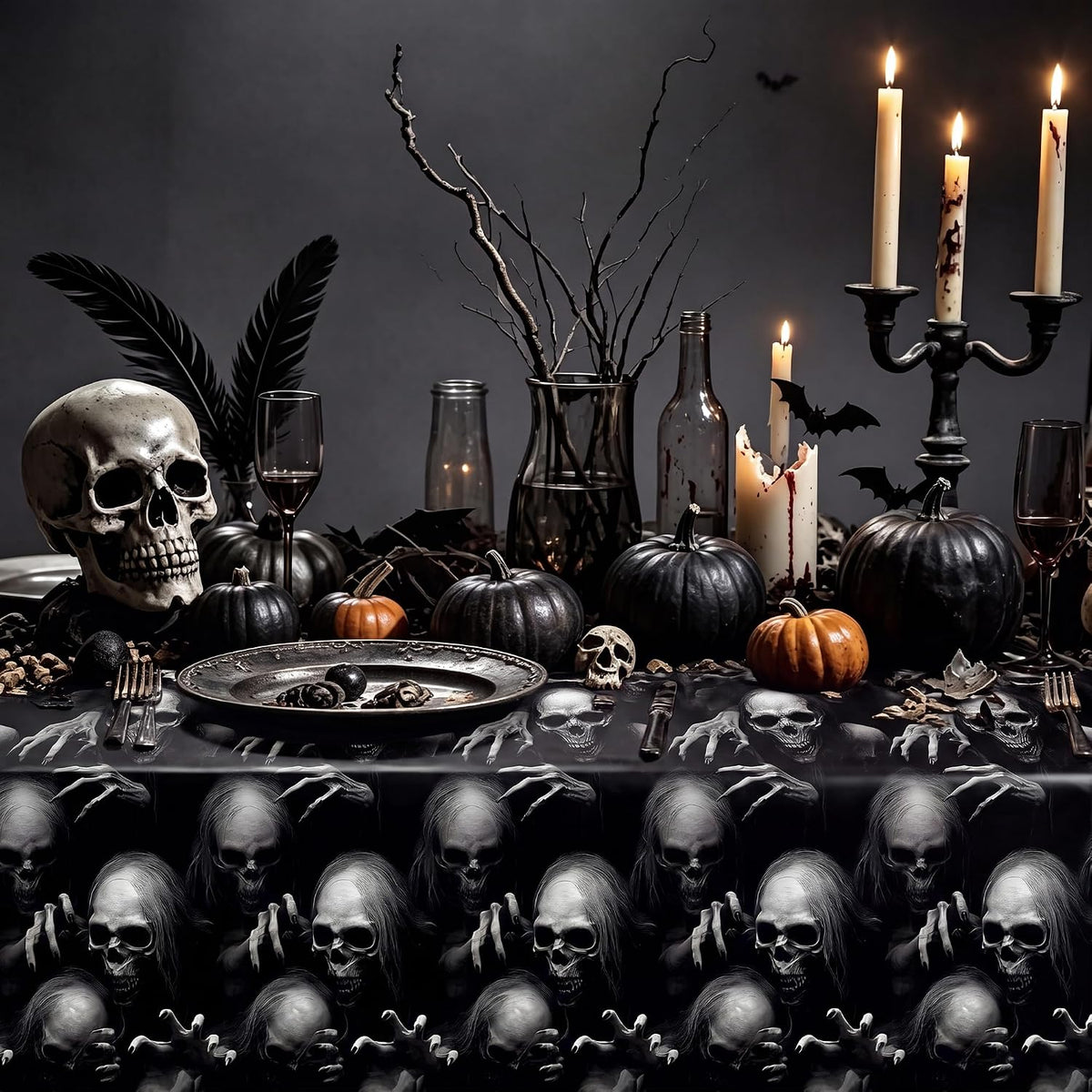 Kochorie 100 Ft x 54 Inch Halloween Graveyard Skeleton Tablecloth Roll with Cutter Box Waterproof Plastic Horror Theme Skeleton Ghouls Photography Backdrop for Halloween Spooky Party Decor