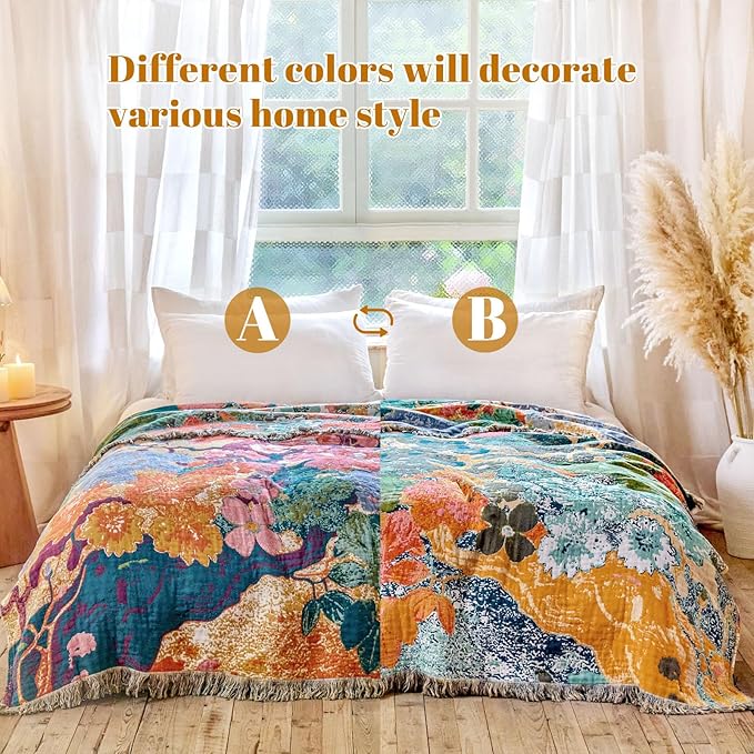 MSGKV Boho Throw Blanket for Bed 60"x80" Cotton Floral Twin Size Couch Blankets - Image 3