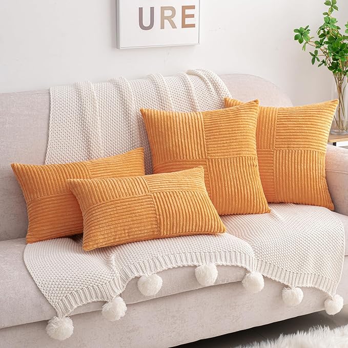 HWY 50 Orange Corduroy Patchwork Throw Pillow Covers 20x20 Inch, Soft Cozy - Image 8