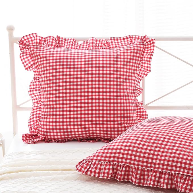 2 Pack Red White Plaid Ruffle Gingham Euro Throw Pillow Covers, 100% Washed by KMASANIJI