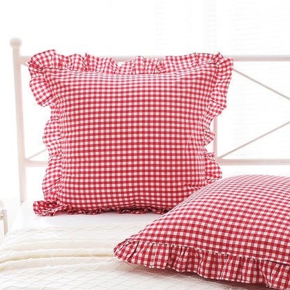 2 Pack Red White Plaid Ruffle Gingham Euro Throw Pillow Covers, 100% Washed by KMASANIJI