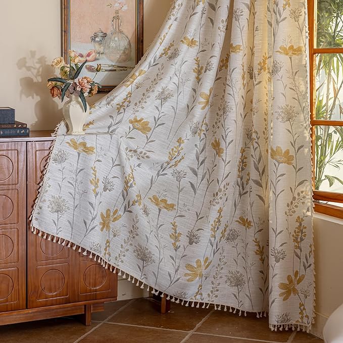 ENJOYBRIDAL Yellow Floral Curtains 63 Inch Length Bedroom Living Room Drapes - Image 2