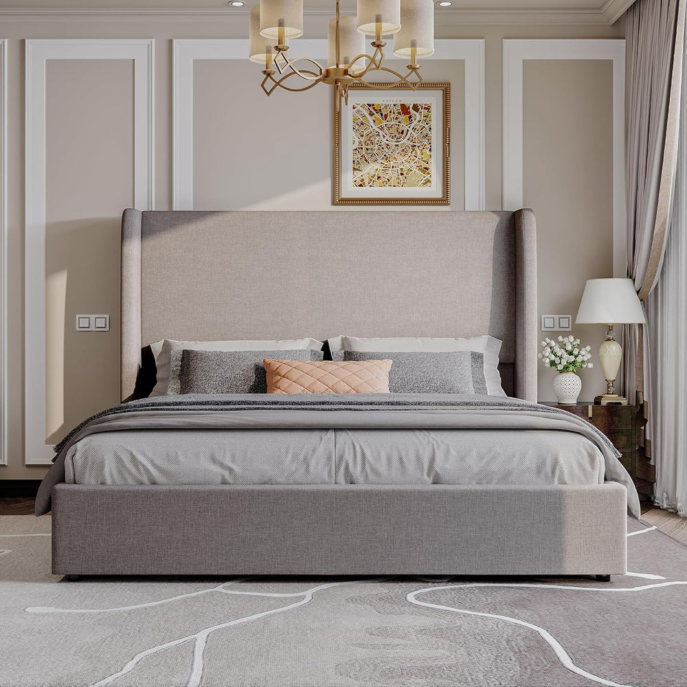 AMERLIFE Queen Lift Up Storage Bed Frame Linen Headboard, Light Grey